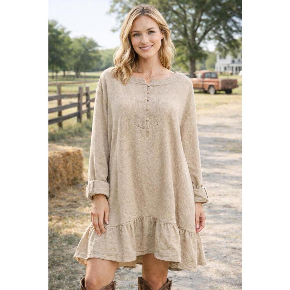 Hayden Los Angeles Dress 2XL NWT Taupe Beige Boho Henley Ruffle Hem A16